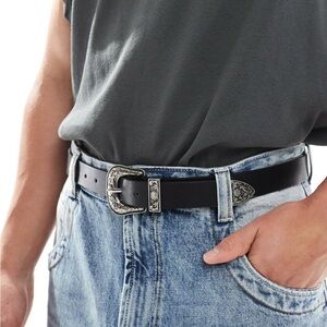 Western Black Faux Leather Belt with Silver Buckle